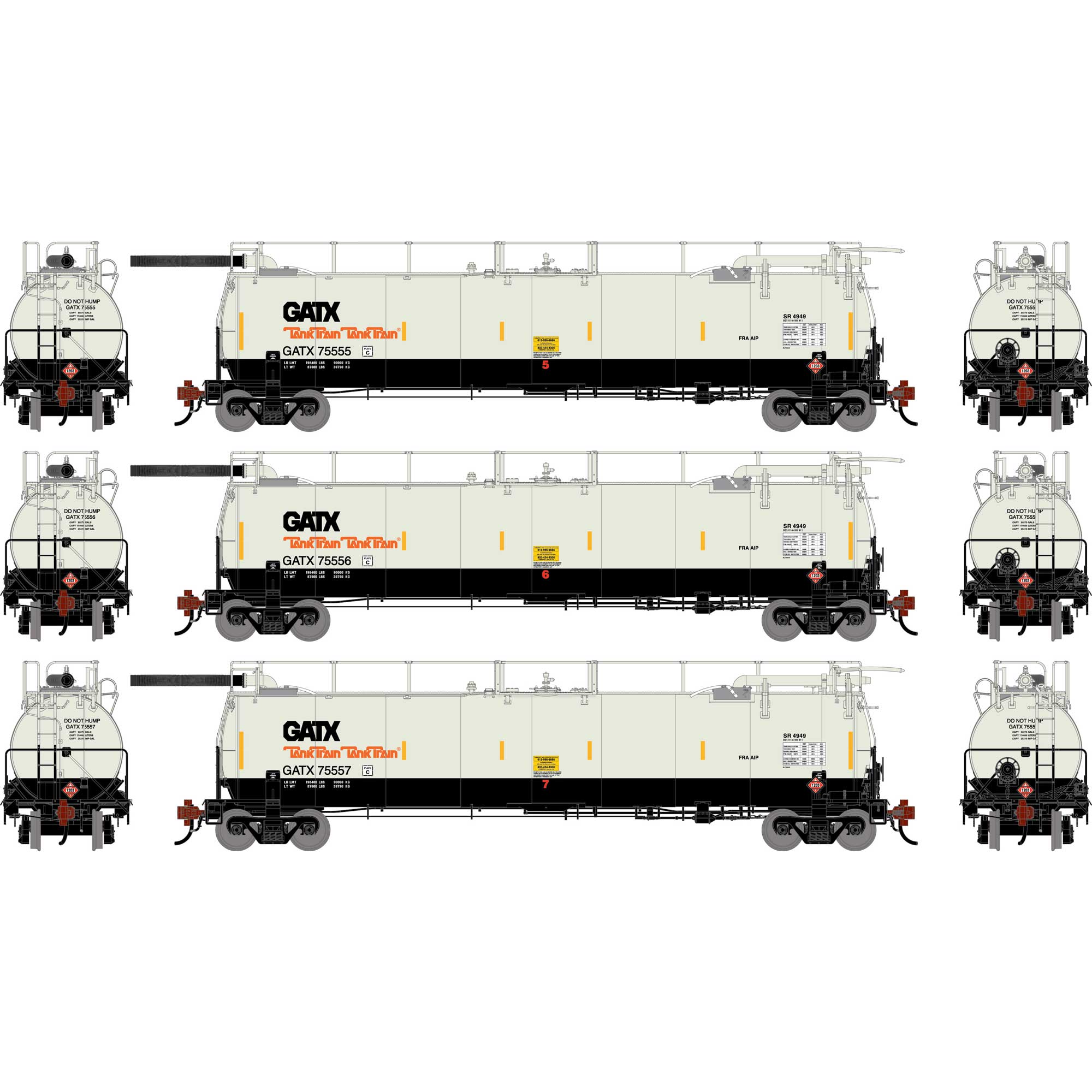 HO TankTrain Intermediate, GATX White/Black #75555/75556/75557 (3)