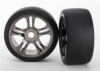 Traxxas Tires & wheels, assembled, glued (split-spoke, black chrome wheels, slick tires (S1 compound), foam inserts) (rear) (2)