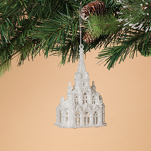 Silver Glittered Church Ornament