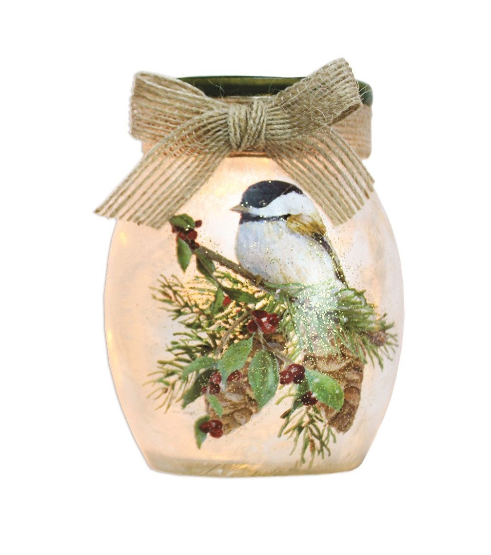 Prelit Glass Jar – Chickadee and Pine…