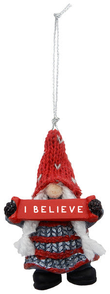 Gnome Holding Sign Ornament – I Believe